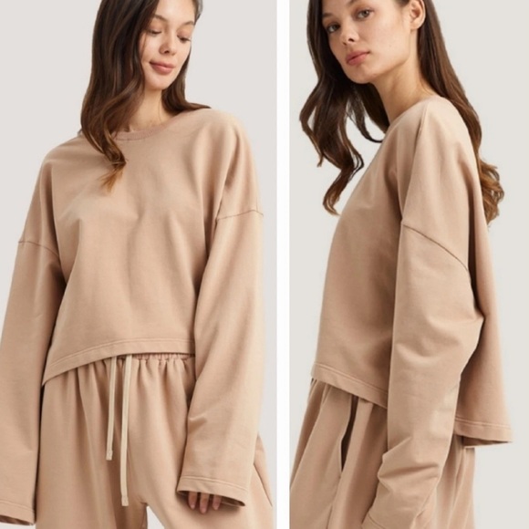 NAP LOUNGEWEAR REPOSE CREWNECK Crop Lounge Sweater Tan Size S - Picture 1 of 5